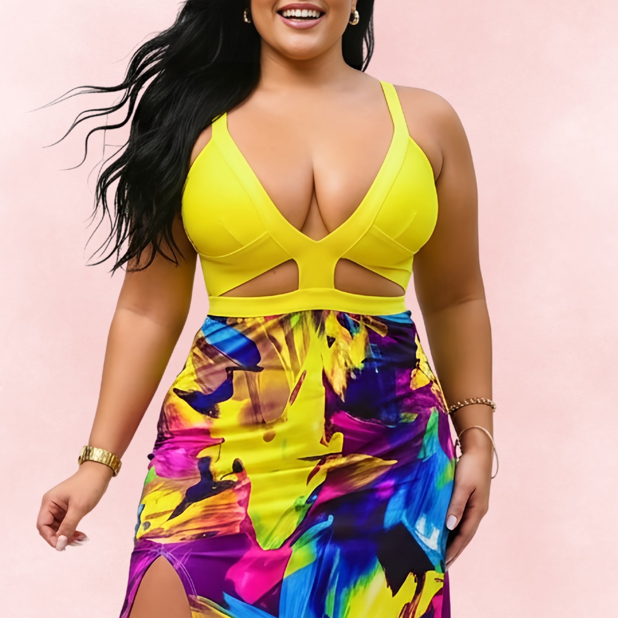 Close-up of plus size woman in yellow cutout bikini-style top paired with multicolor abstract maxi skirt with slit