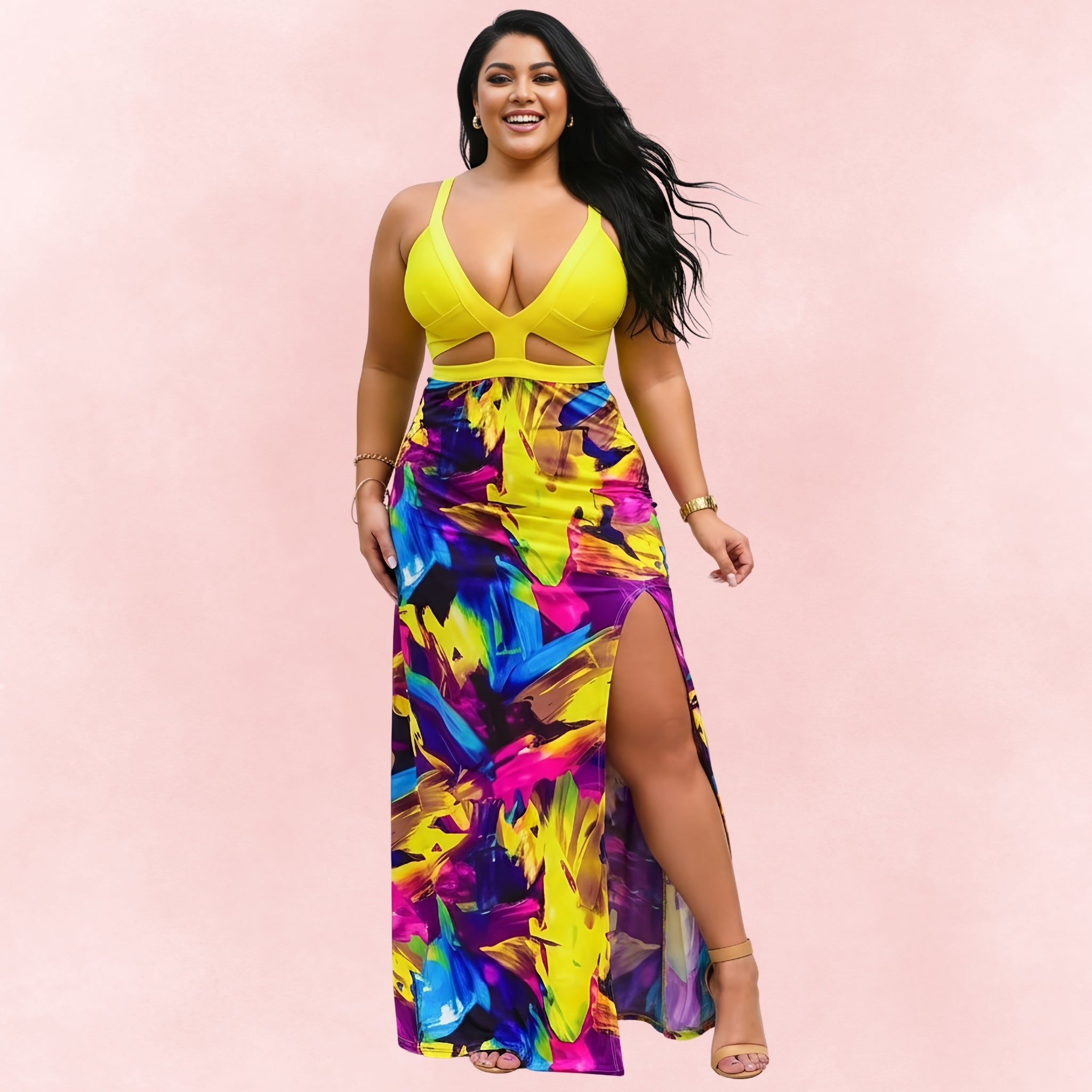 Full body view of plus size woman wearing yellow cutout bikini top with vibrant multicolor maxi skirt featuring high slit