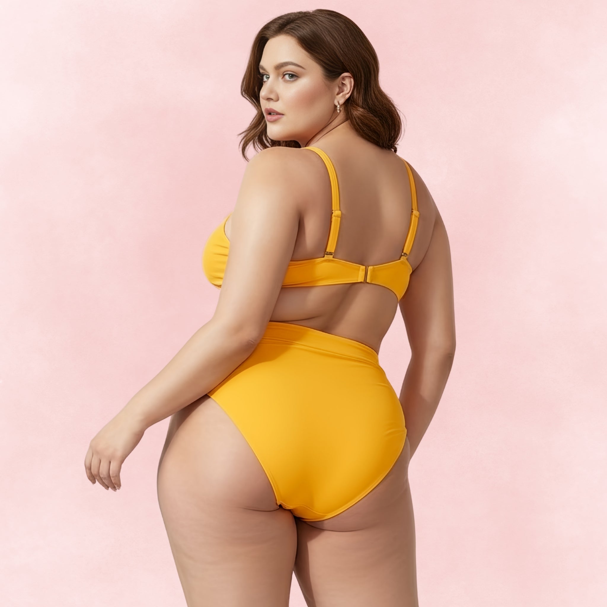 Back view of yellow bikini with high waist design, stylish plus size swimwear for beach and pool.