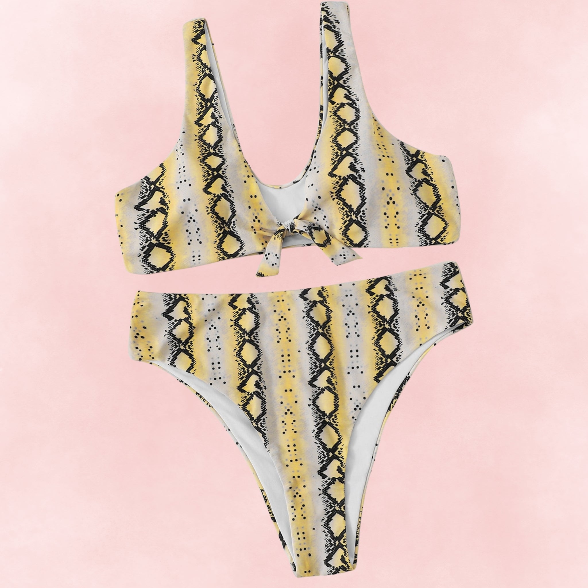 Plus size yellow snake print bikini set with high waist bottom and tie front top.