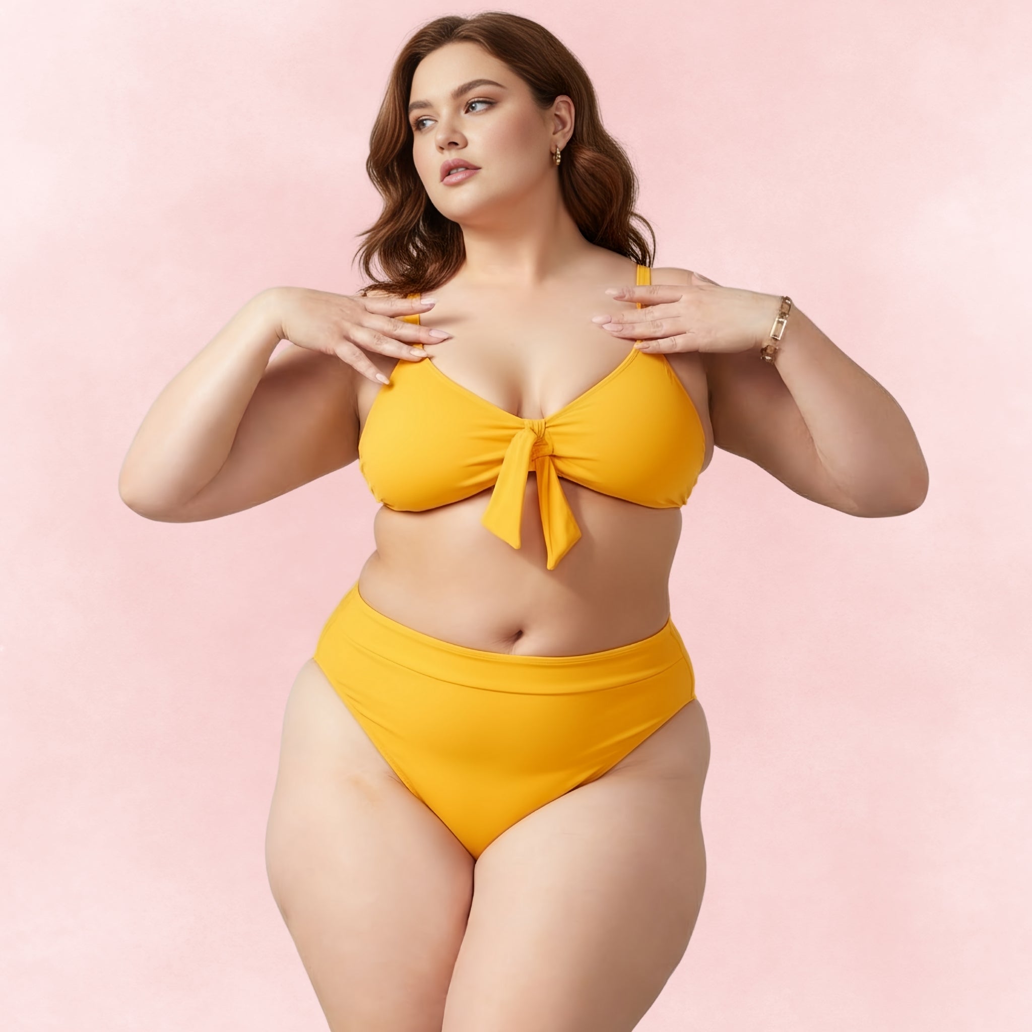 Bright yellow bikini with tie front top and high waist bottoms, bold plus size swimwear style.